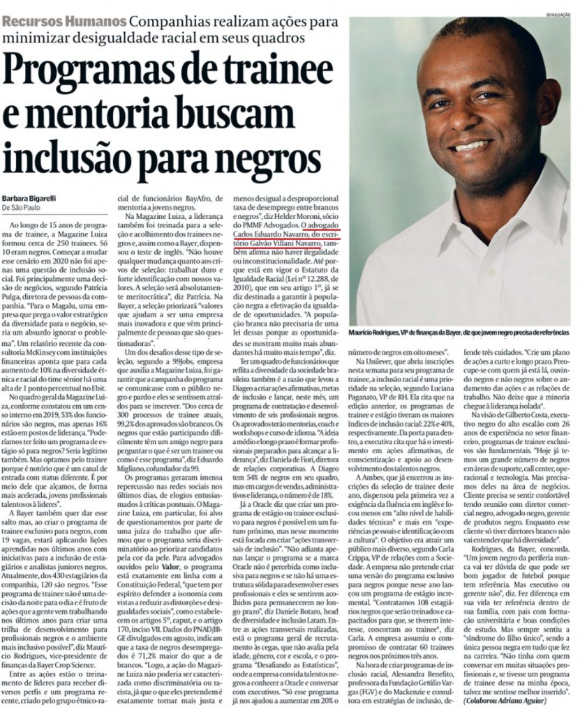 Carlos Navarro fala ao VALOR sobre programas de trainee e mentoria que buscam inclusão para negros 2 Navarro Valor 24 09 20 1